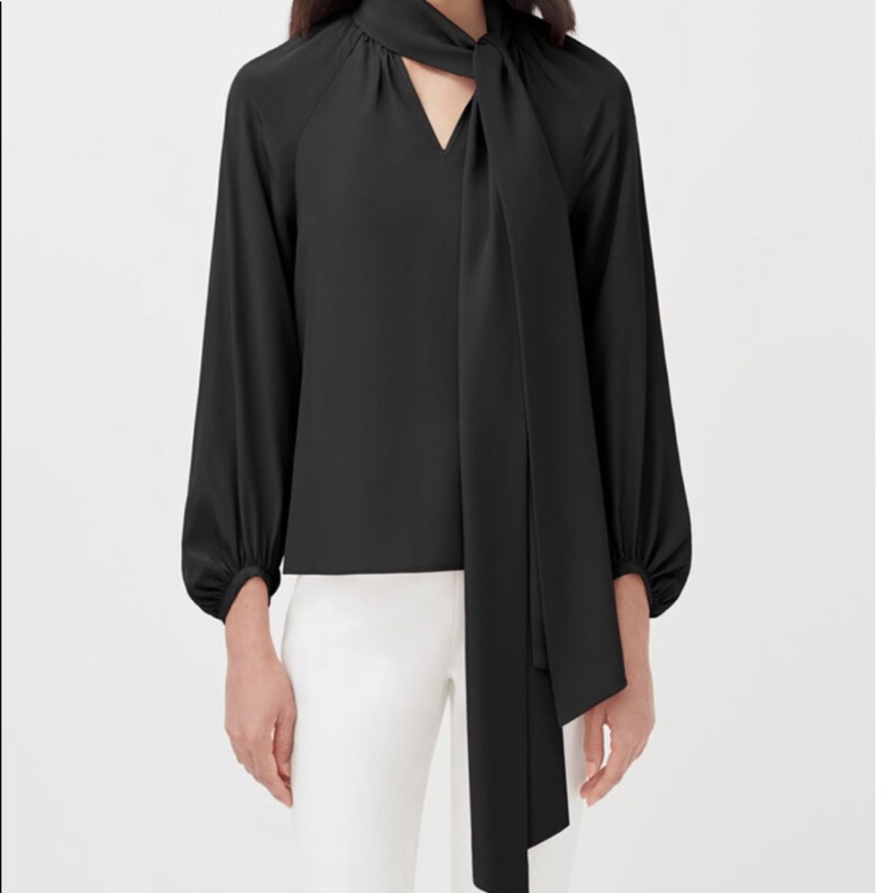 NWT! Cuyana Silk Bow Blouse Raglan Sleeves Black Size Small